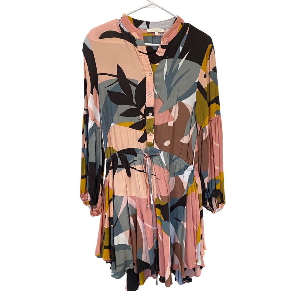 Olivacious Abstract Leaf Print Button Front Tie Long‎ Sleeve Dress Women Size S